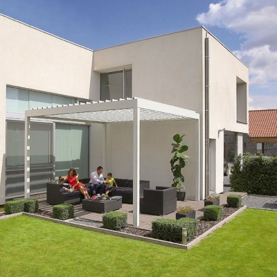 Modern motorised wall mounted decking louver aluminium pergola roof waterproof