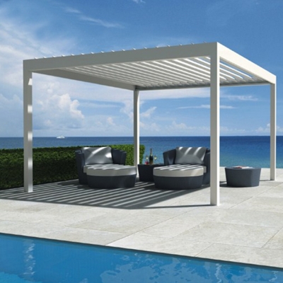 Factory pergola 3 x 4 with outdoor contemporary style shutters roof system with glass sliding doors
