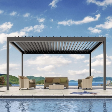 Outdoor Aluminum Pergola Louver System With Motorized Sunshade Roller Blind