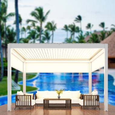 Solar Pergola Design Motorized Powder Coated Metal Aluminum Louvered Roof Solar Power Pergola Kits With Led Lights