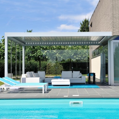 Waterproof Louver Pergola Gazebo Canopy Motorized Aluminium Pergola Louver Roof with Sliding Glass Door