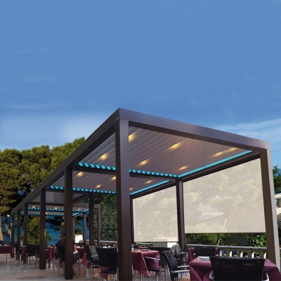 Modern  Hot Sale Four Pillars Motorized Bioclimatic Retractable Pergola with LED Light