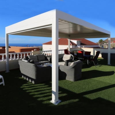 Modern aluminum motorized awning and louver pergola