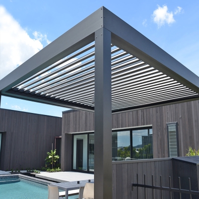 PG-02NC High Quality New Design Motorized PVC Fabric Top Opening Garden Louver Pergola Aluminum 4X3