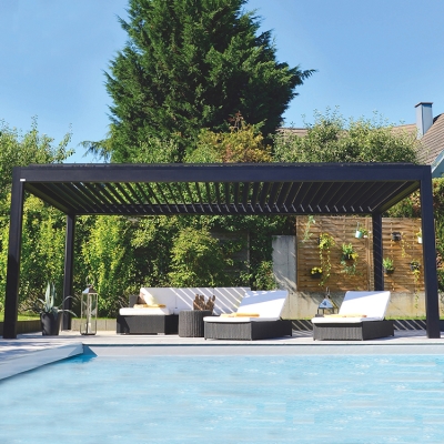 Bioclimated motorized aluminum luxury flat roof metal pavilion gazebo with curtains